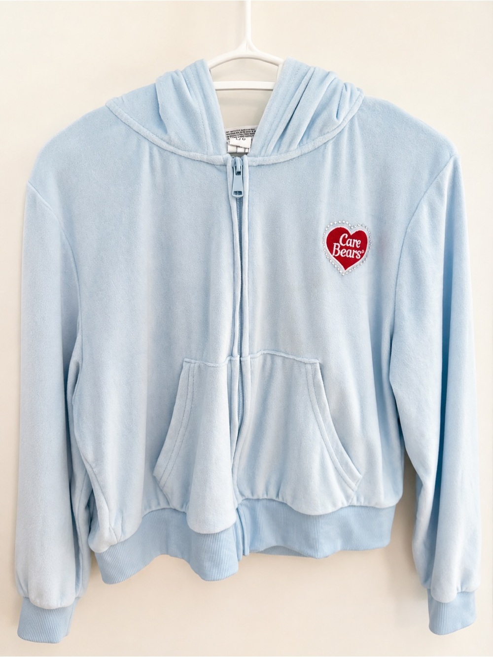 Care Bears Light Blue Velour Rhinestone Zip Hoodie Jacket Women’s Large Y2K